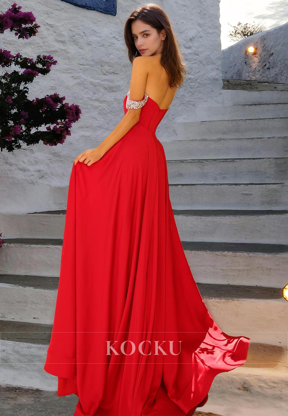 Off-Shoulder Sweetheart A-Line High Split Train Pleats Satin Prom Party Dress with Beaded