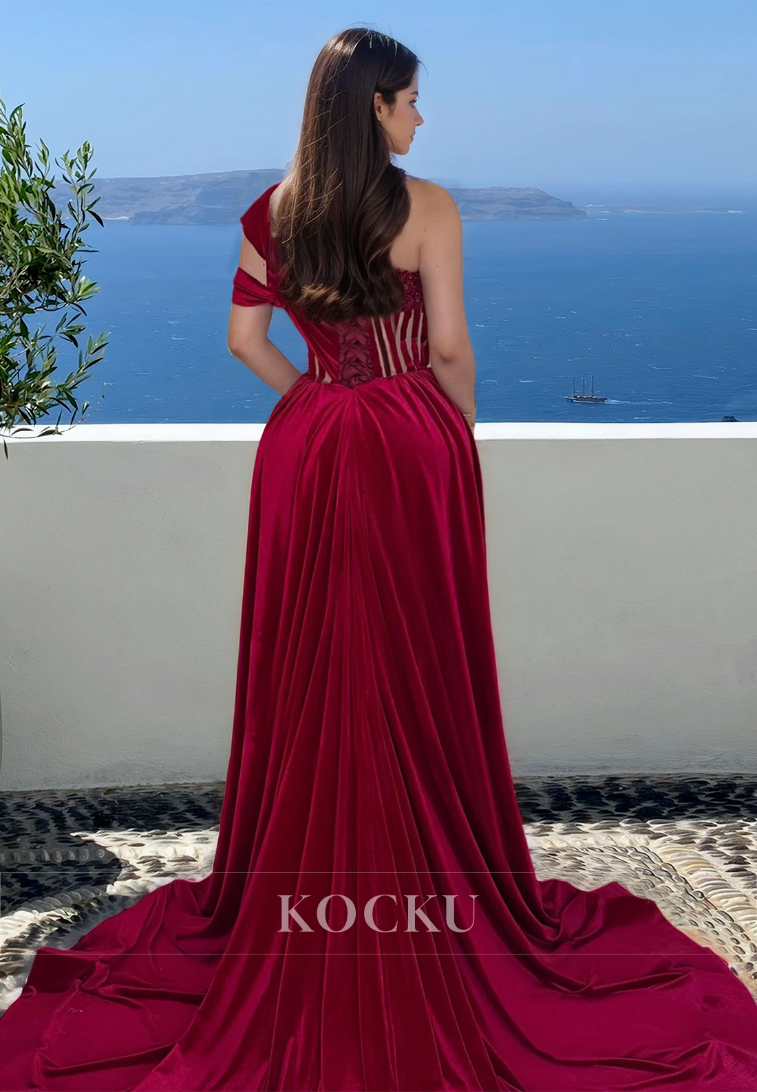 Elegant One Shoulder Sweetheart Sheath Appliques Pleats Chiffon Prom Formal Gown with Side Slit