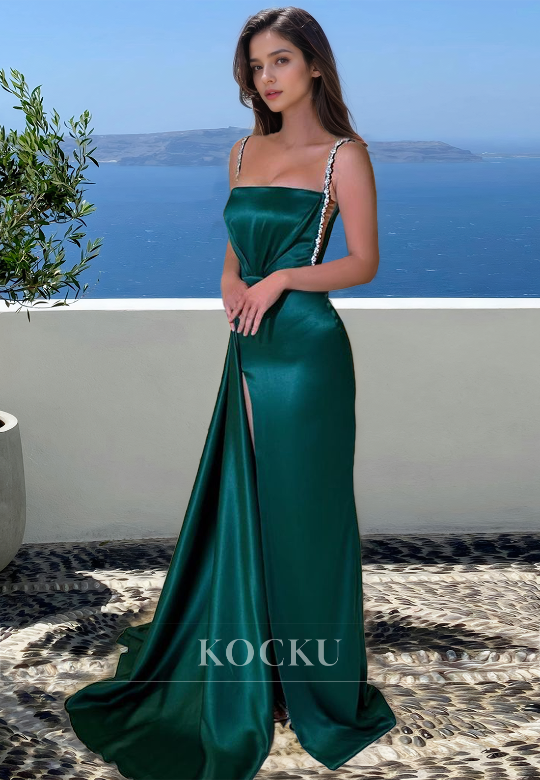 Beaded Spaghetti Straps Sheath Side Slit Satin Long Formal Occasion with Train