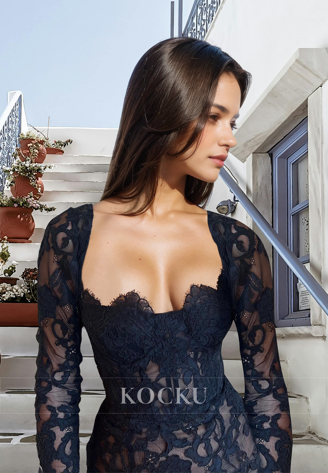 Elegant Long Sleeves Square Sheath Lace Long Prom Formal Dress with Appliques