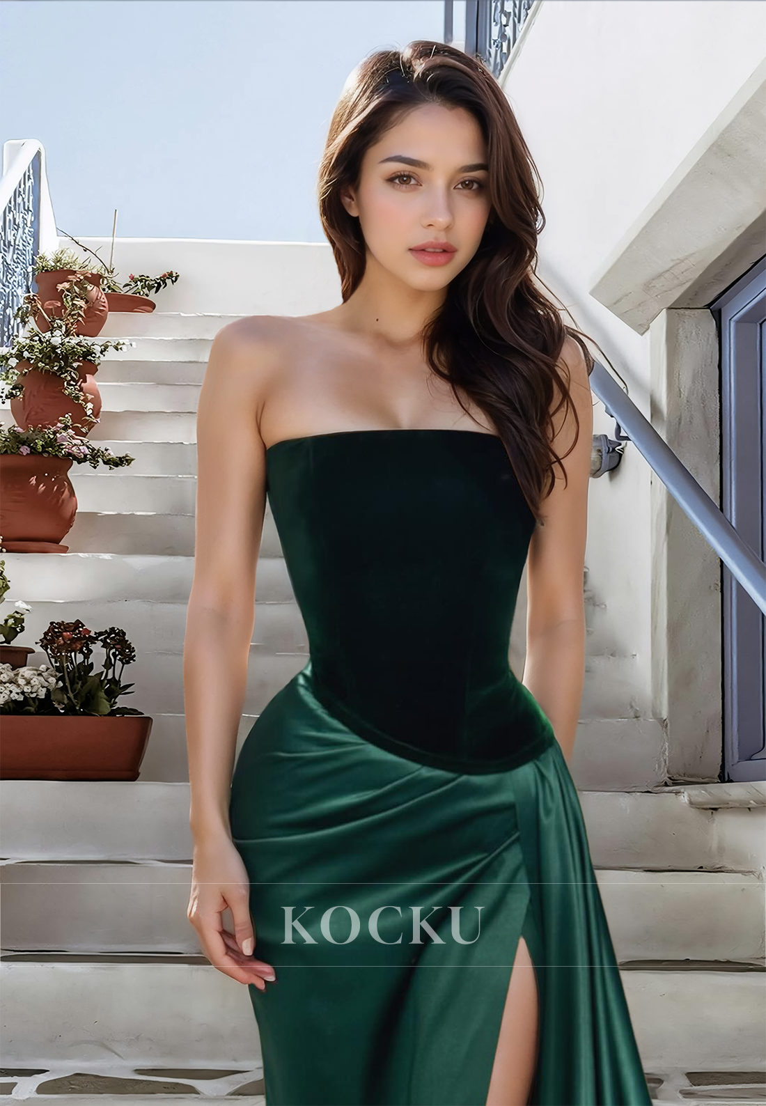 Elegant Tube Top Sheath Satin Sleeveless Pleats Long Prom Party Dress with Side Slit