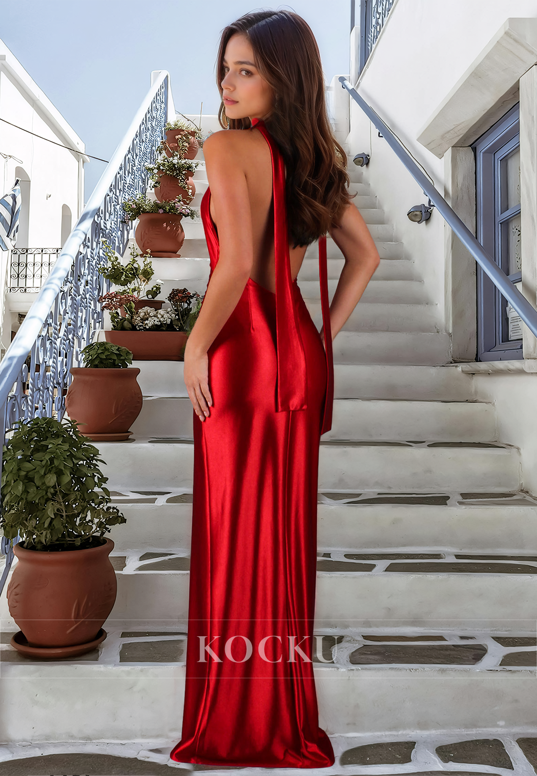 Elegant Halter V-Neck Sleeveless Ruched Satin Long Evening Prom Dress with Side Slit