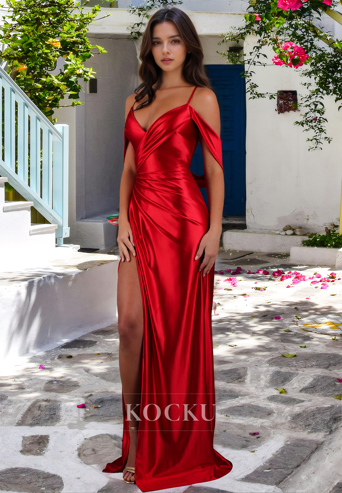 Classic Spaghetti Straps V-Neck Sheath Satin Pleats Prom Dress with Slit Party Dress