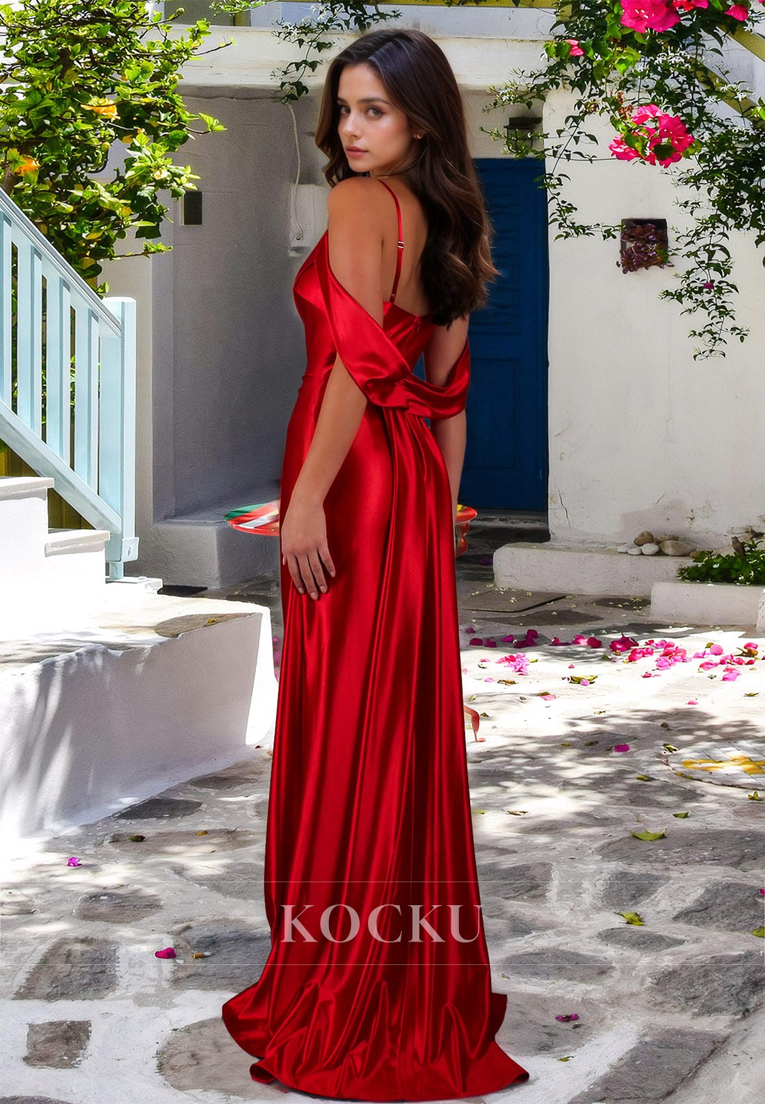 Classic Spaghetti Straps V-Neck Sheath Satin Pleats Prom Dress with Slit Party Dress
