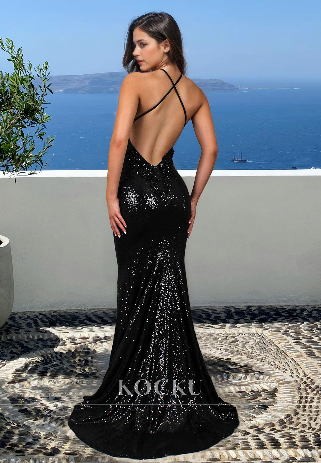 Stunning V-Neck Spaghetti Straps Mermaid Sequin Prom Dress with Train Evening Dress