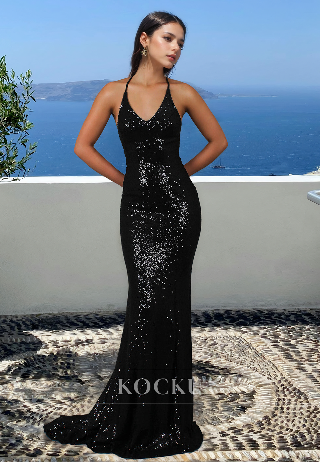 Stunning V-Neck Spaghetti Straps Mermaid Sequin Prom Dress with Train Evening Dress