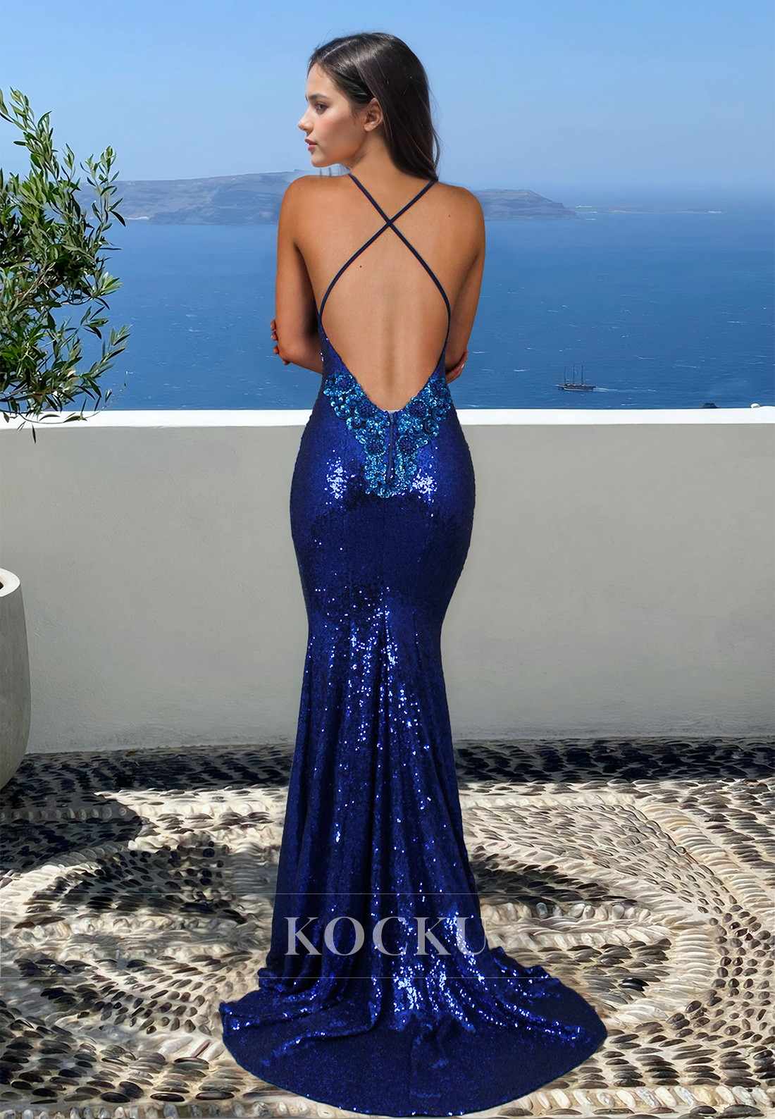 Stunning V-Neck Spaghetti Straps Mermaid Sequin Prom Dress with Train Evening Dress