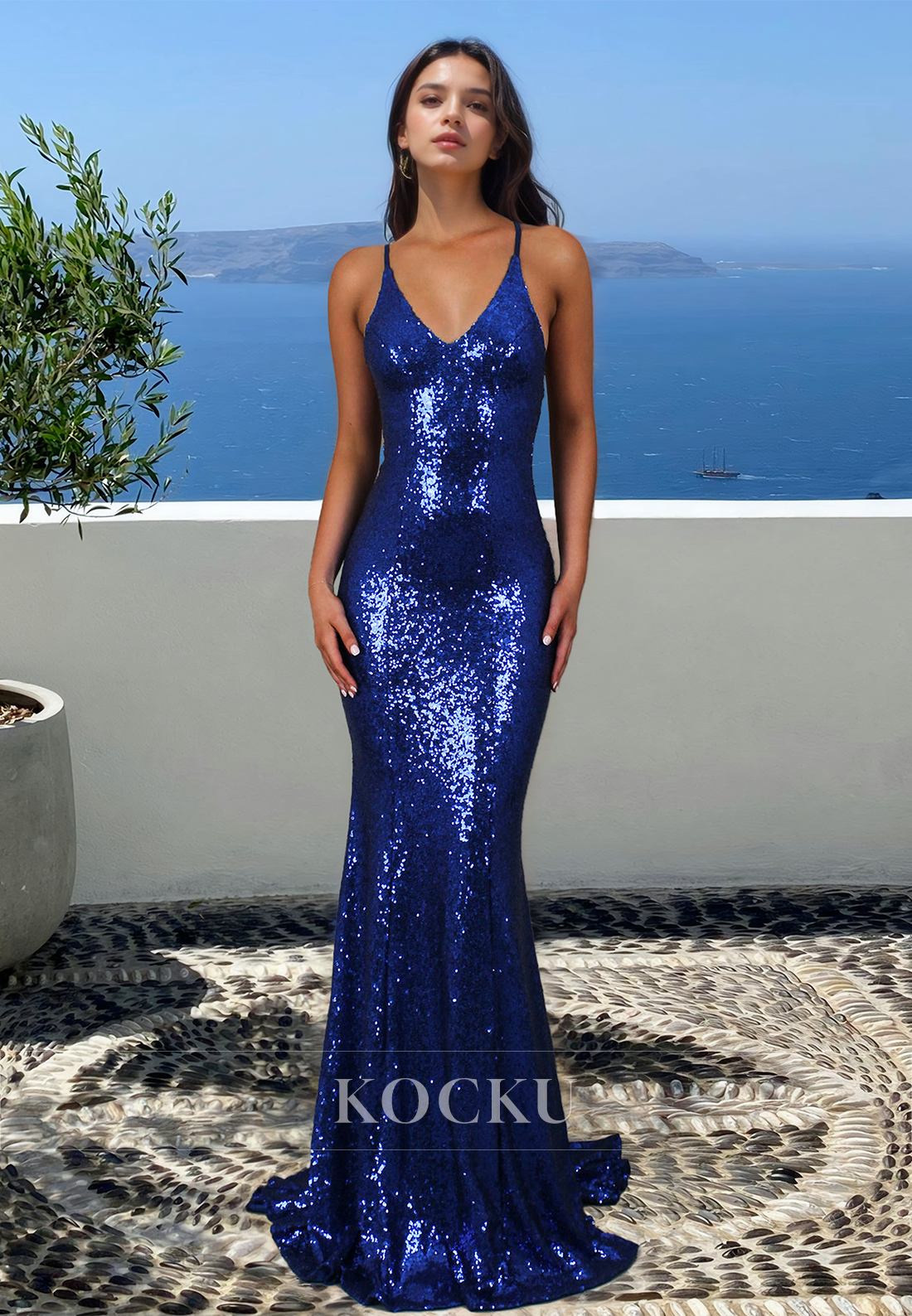 Stunning V-Neck Spaghetti Straps Mermaid Sequin Prom Dress with Train Evening Dress