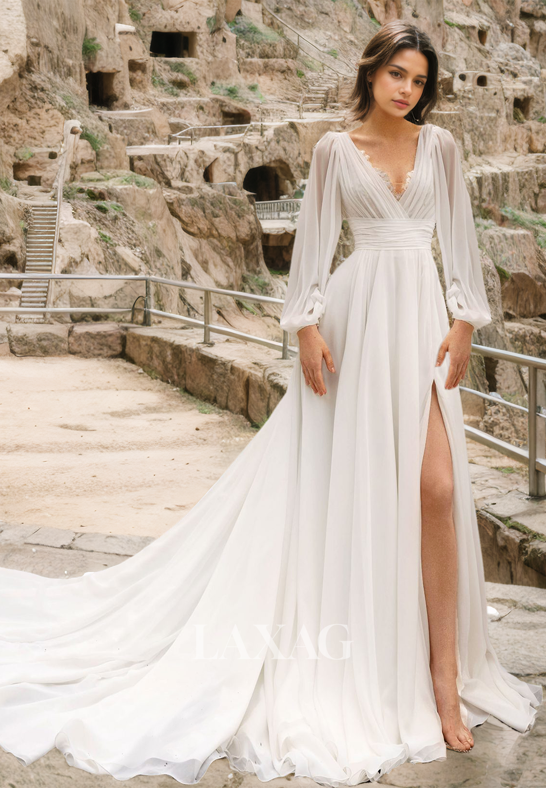 Deep V-Neck Long-Sleeves Pleated Bride Gowns Sweep Train A-Line Wedding Dress with High Slit