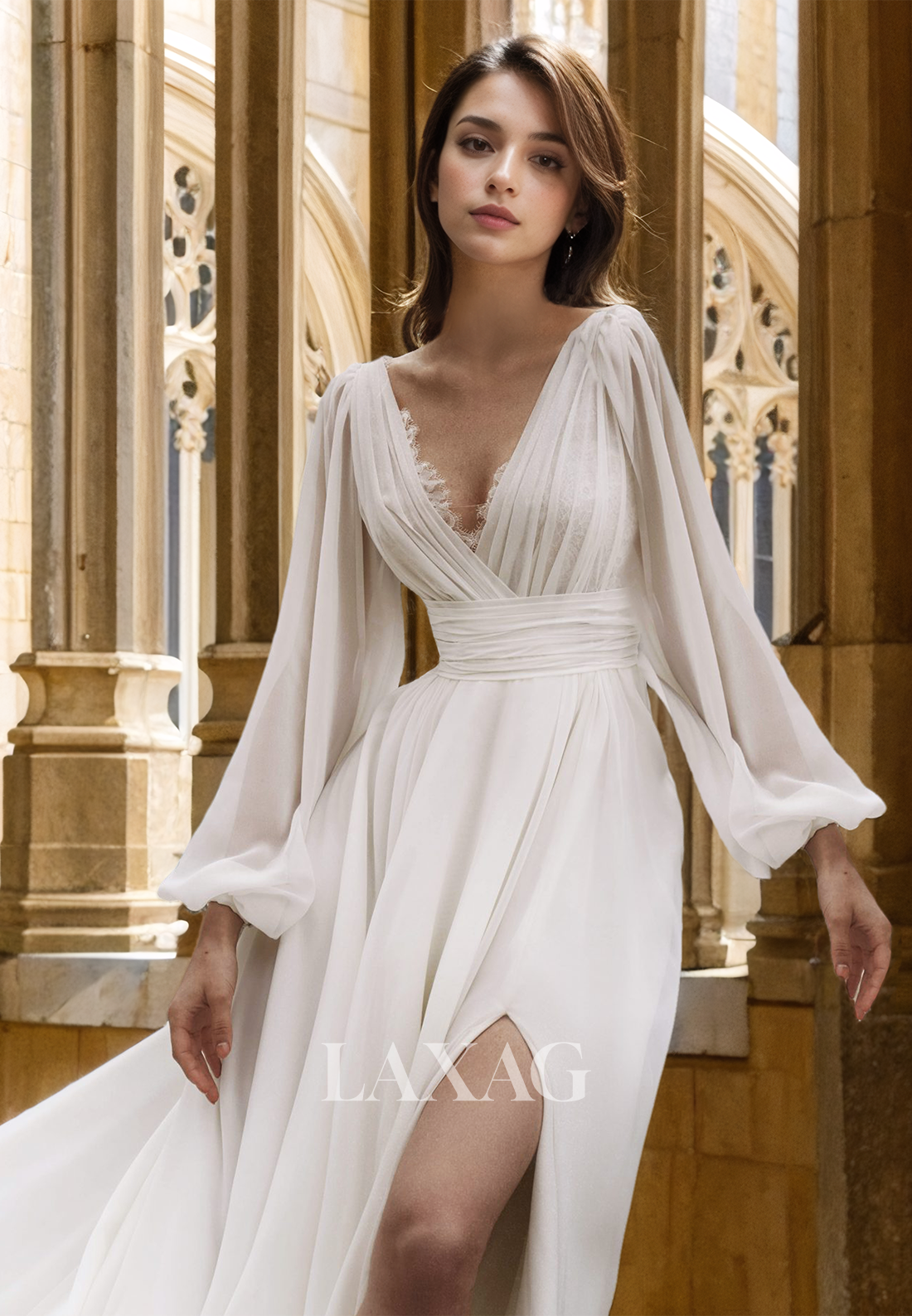 Deep V-Neck Long-Sleeves Pleated Bride Gowns Sweep Train A-Line Wedding Dress with High Slit