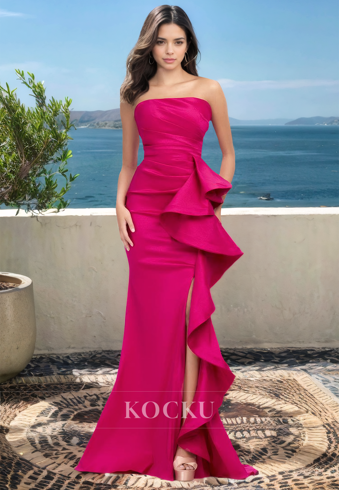 Classic Tube Top Sleeveless Side Slit Ruched Satin Prom Formal Party Dress with Train
