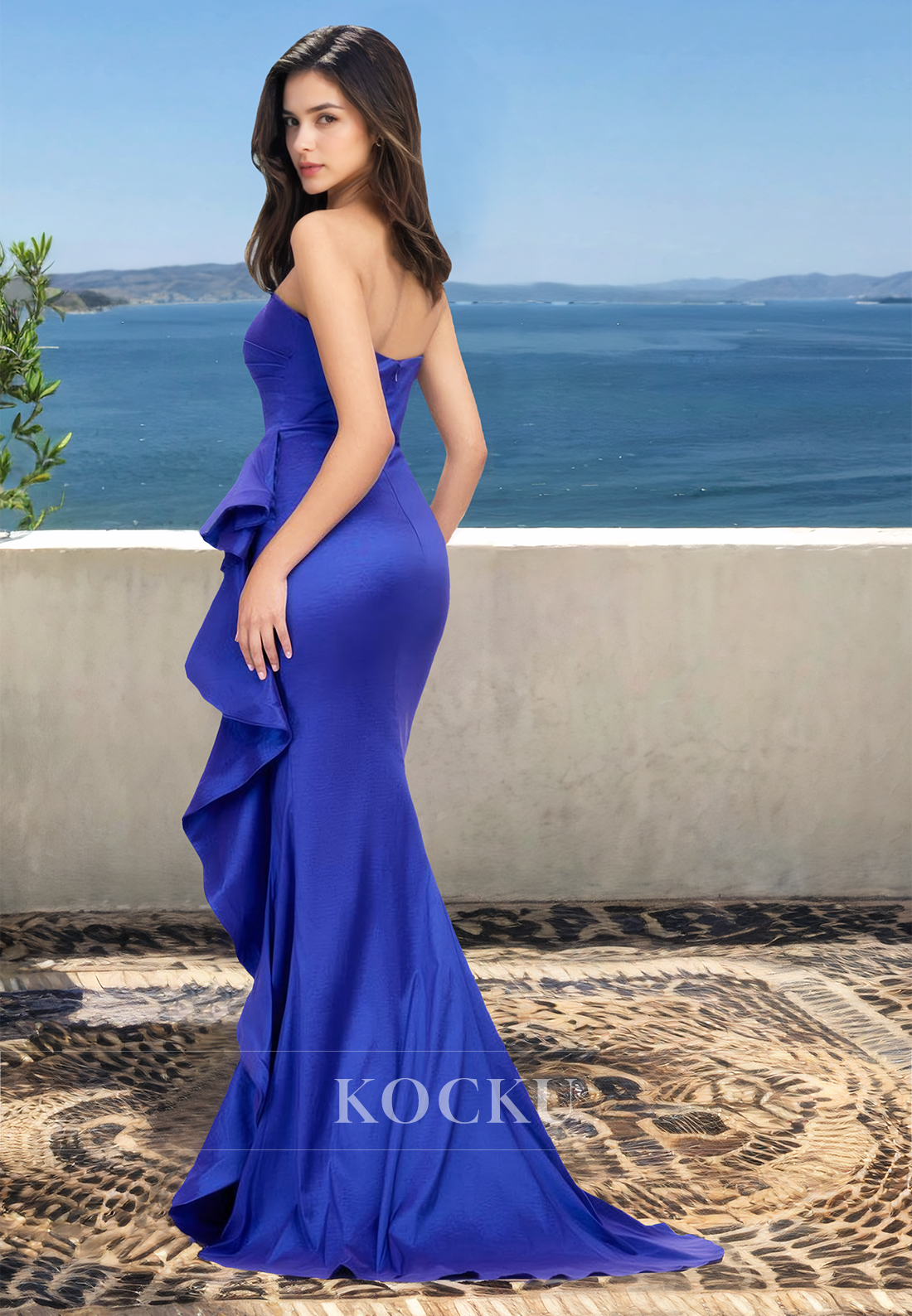 Classic Tube Top Sleeveless Side Slit Ruched Satin Prom Formal Party Dress with Train