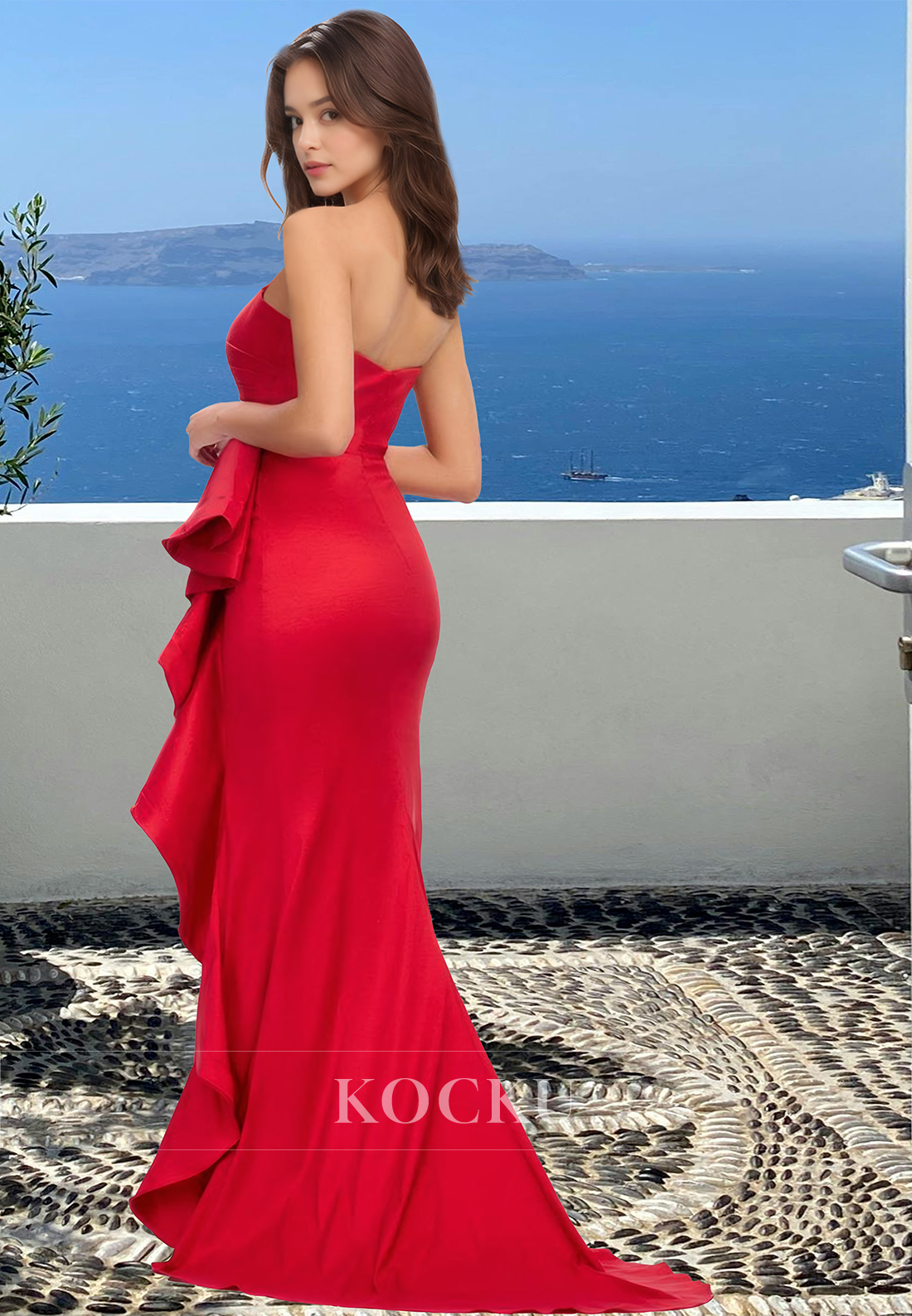 Classic Tube Top Sleeveless Side Slit Ruched Satin Prom Formal Party Dress with Train