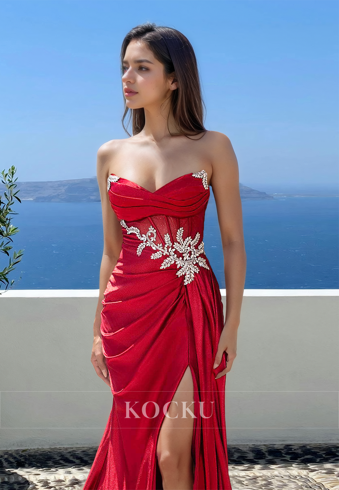 Beaded Sweetheart Sheath Sleeveless Side Slit Pleats Satin Prom Party Dress with Appliques