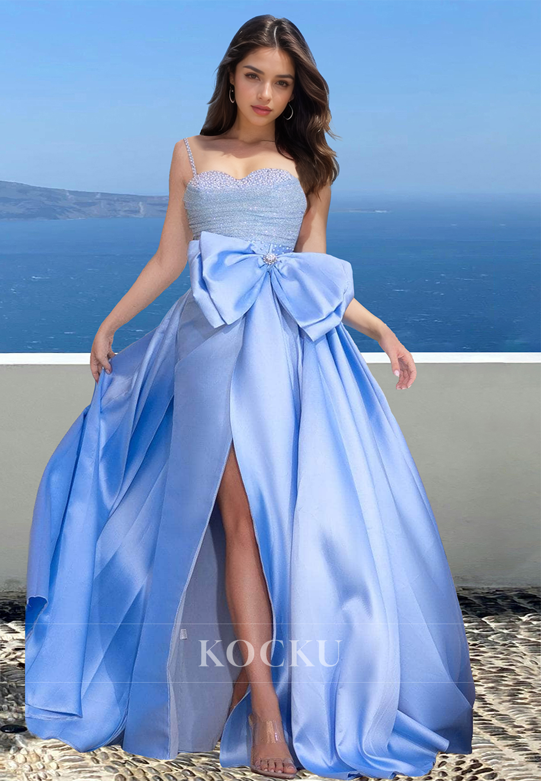 Beaded Straps Sweetheart Sheath Pleats Satin Bows Formal Party Dress with Side Slit
