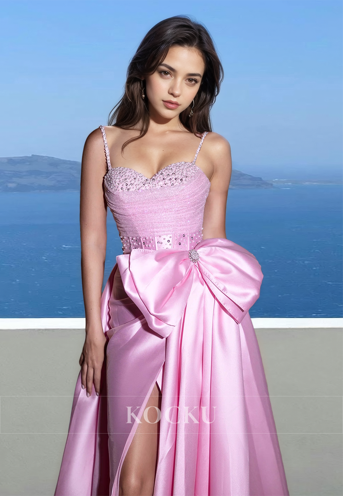 Beaded Straps Sweetheart Sheath Pleats Satin Bows Formal Party Dress with Side Slit