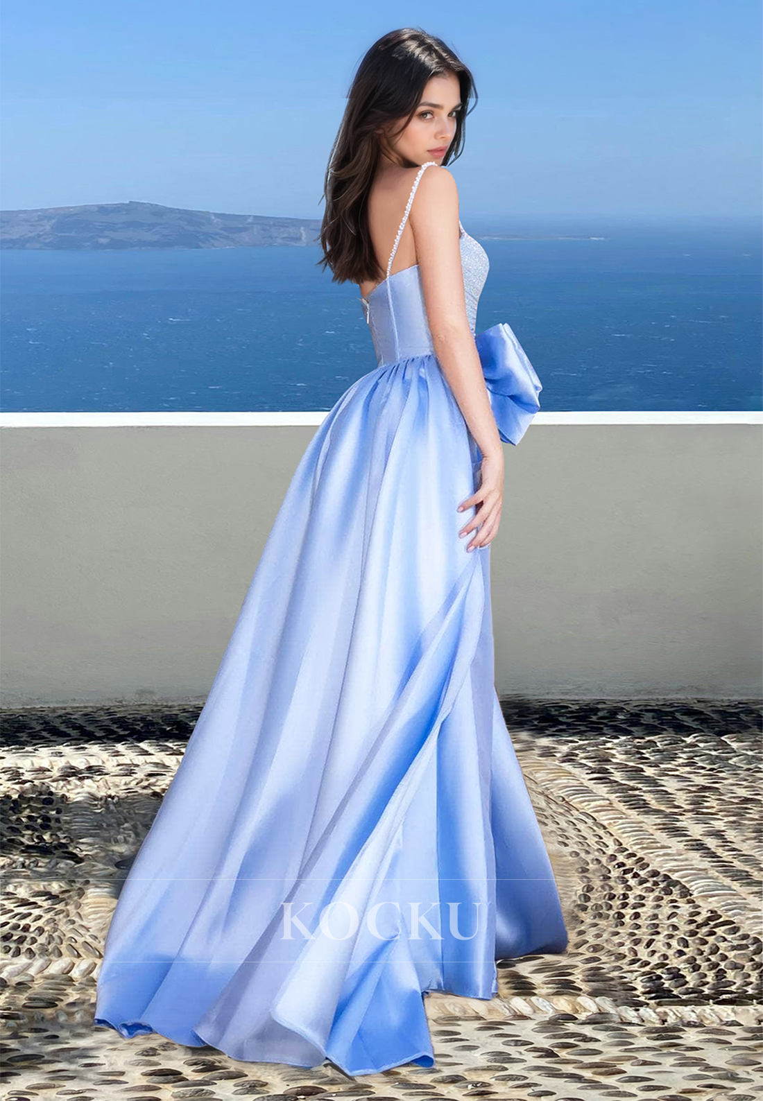 Beaded Straps Sweetheart Sheath Pleats Satin Bows Formal Party Dress with Side Slit