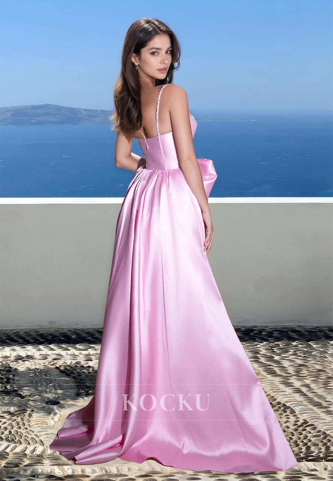 Beaded Straps Sweetheart Sheath Pleats Satin Bows Formal Party Dress with Side Slit