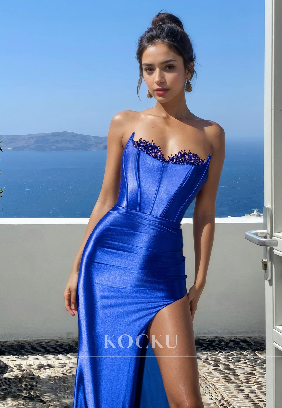 Sexy Empire Waist Sweetheart Sheath Train Satin Beaded Formal Evening Dress with Beads