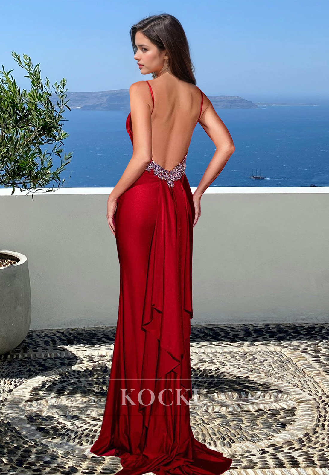 Classic Spaghetti Straps V-Neck Mermaid Prom Dress Burgundy Satin Pleats Evening Dress with Beads