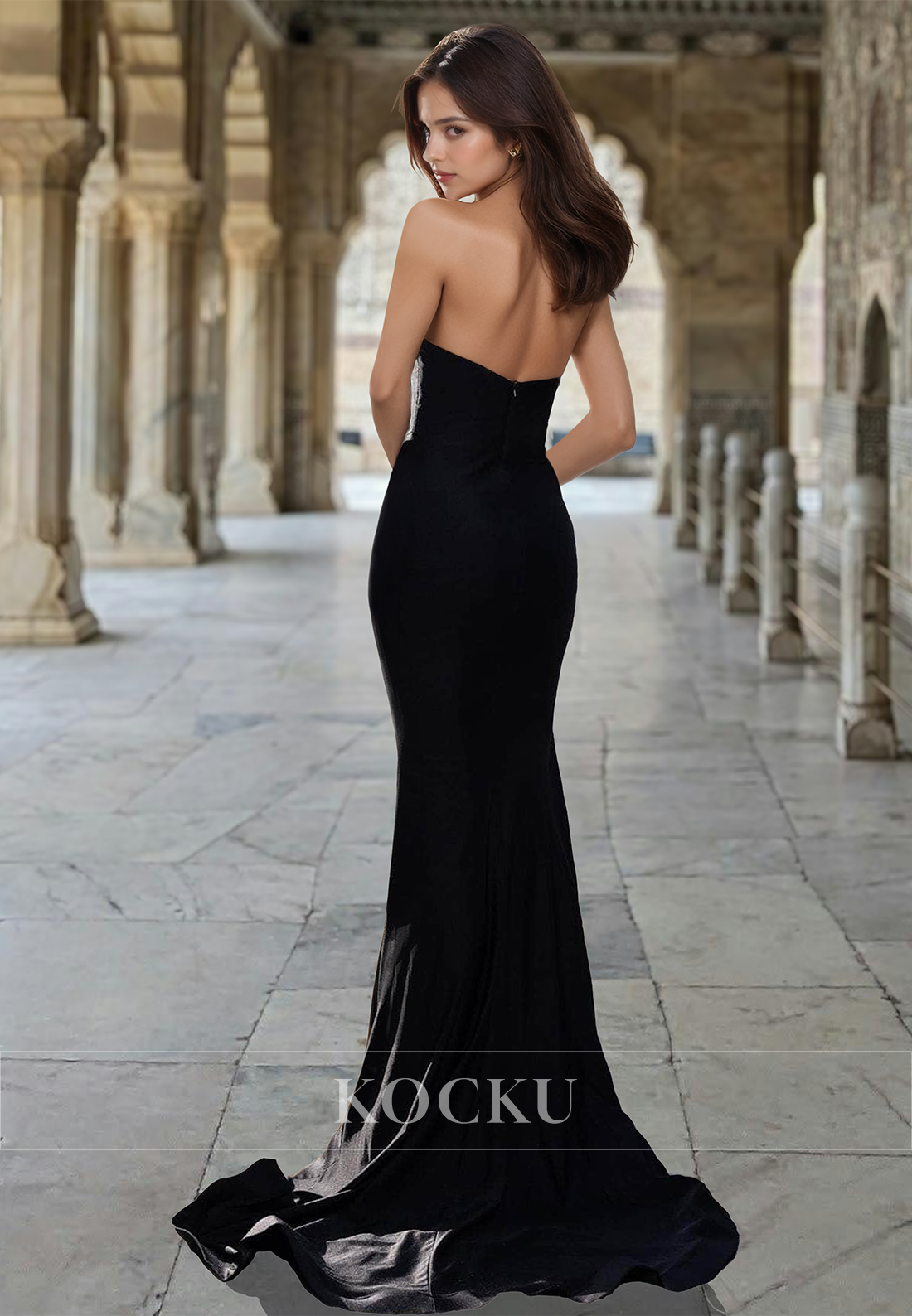 Beaded Sweetheart Sleeveless Sheath Sweep Train Prom Dress with Slit Formal Dress