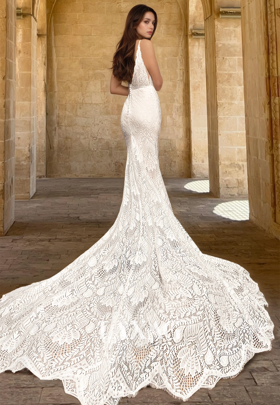 Deep V-Neck Spaghetti Straps Sleeveless Wedding Dress Off-Shoulder Lace Applique Pleated Bride Gowns