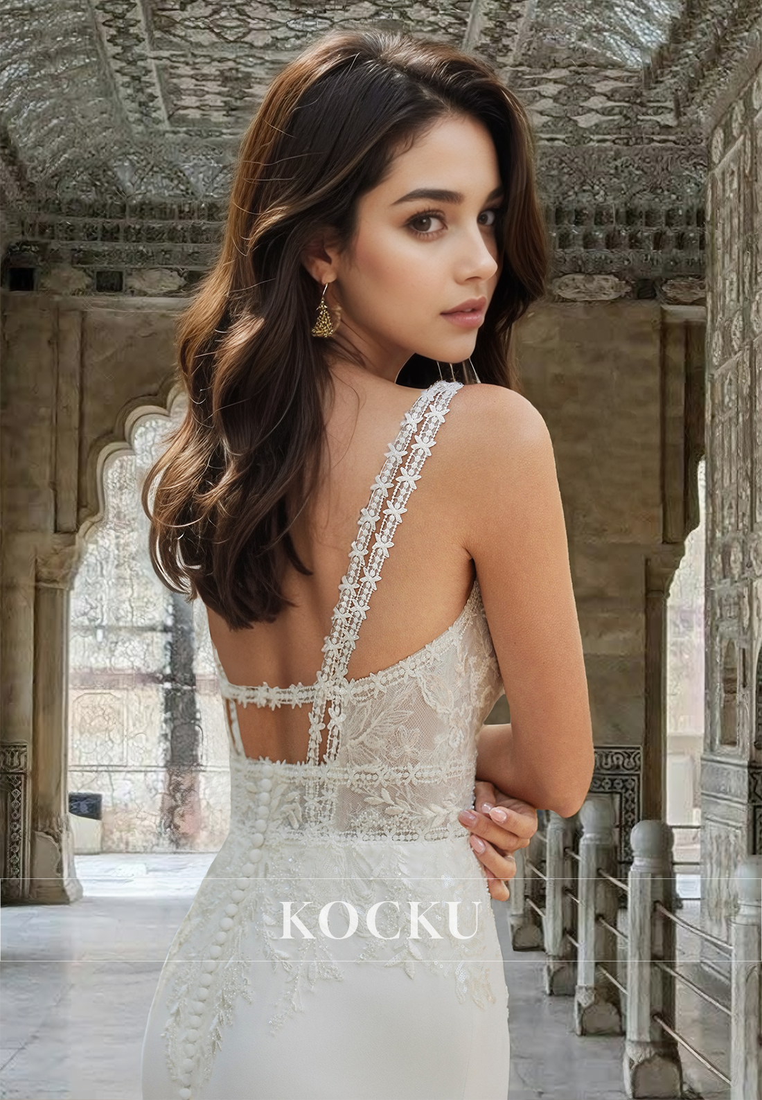 Elegant V-Neck Straps Sleeveless Applique Satin Wedding Dress with Beads Bridal Gown