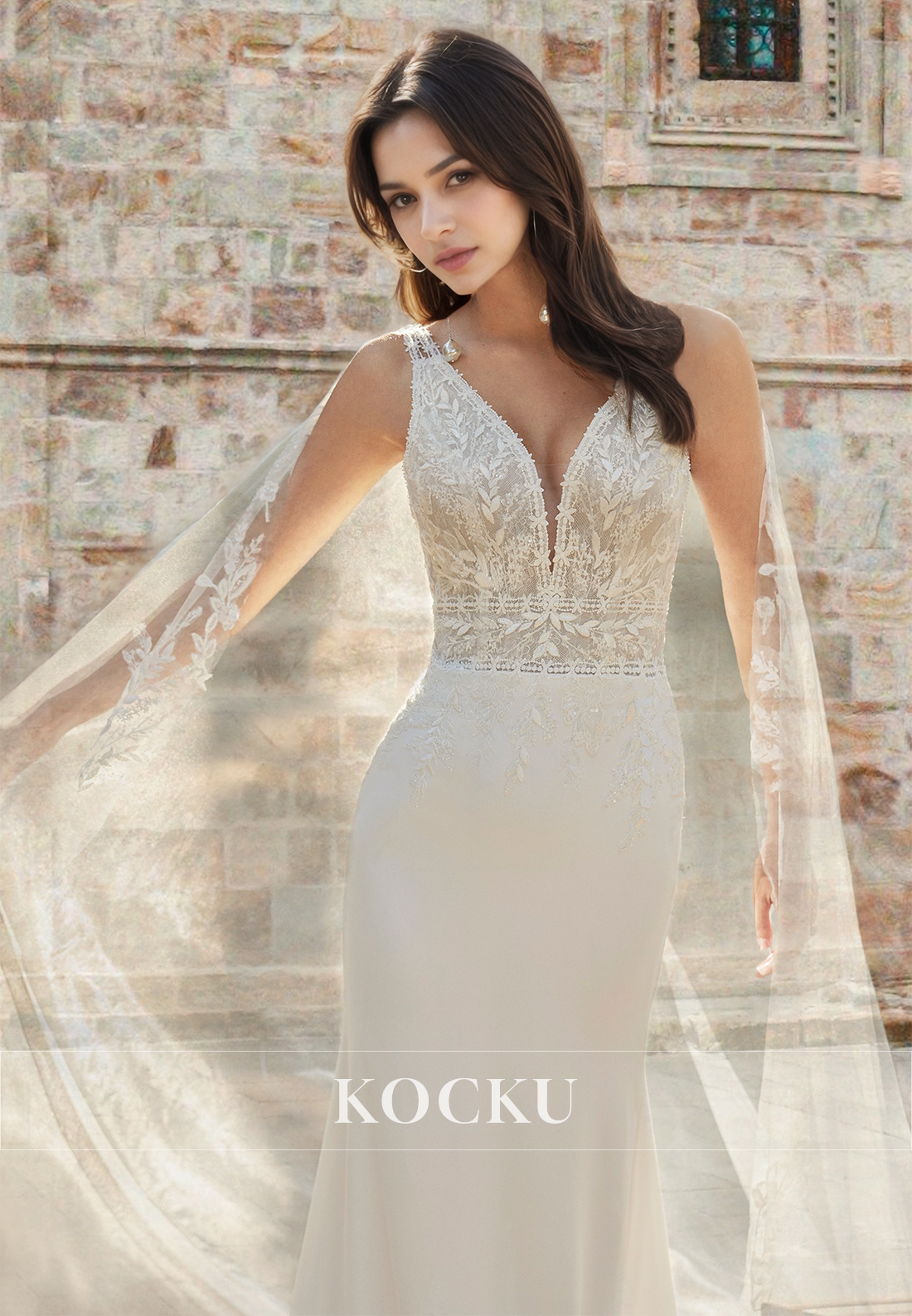 Elegant V-Neck Straps Sleeveless Applique Satin Wedding Dress with Beads Bridal Gown