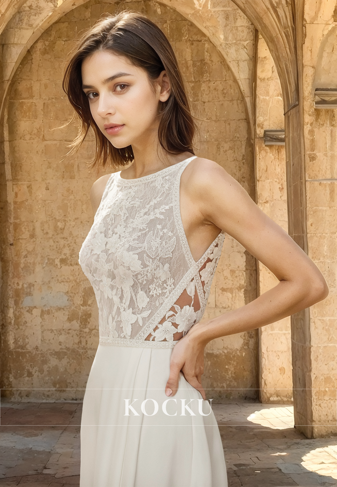 Elegant Bateau Neck Straps Beach Wedding Dress Appliques Pleats Engagement Dress with Train