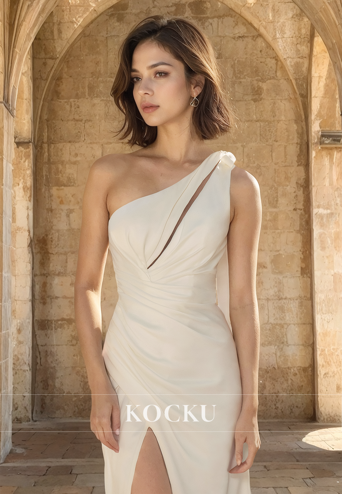 Elegant One Shoulder Sleeveless Sheath Satin Side Slit Bow Wedding Dress Bridal Gown with Train