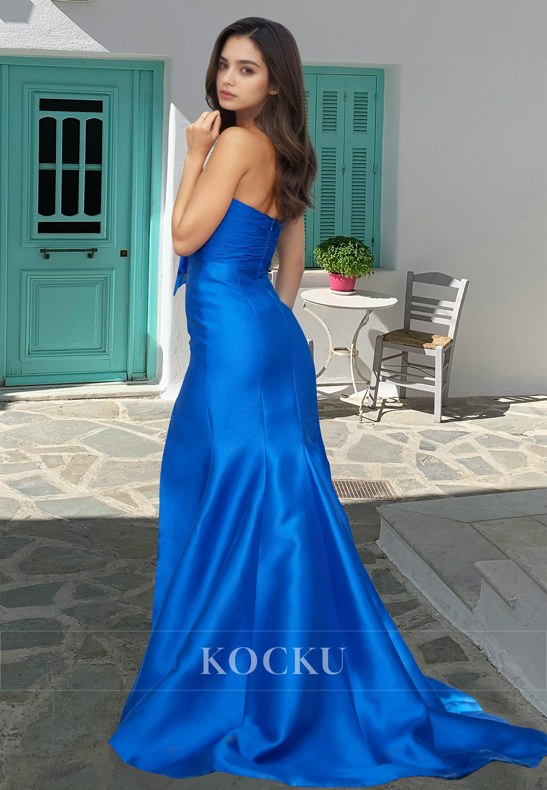 Glamorous Sweetheart Mermaid Side Slit Pleats Satin Long Party Formal Dress with Bow