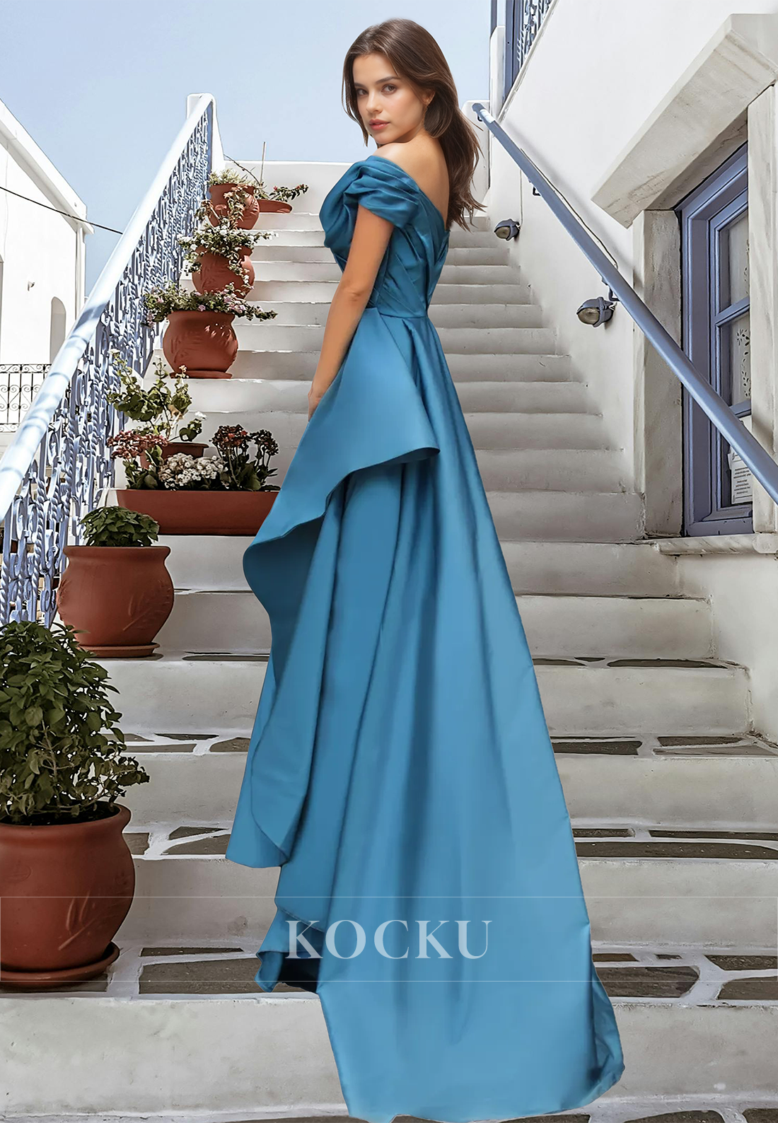 Off Shoulder V-Neck Sheath Party Dress Sleeveless Sheath Long Satin Prom Dress with Slit
