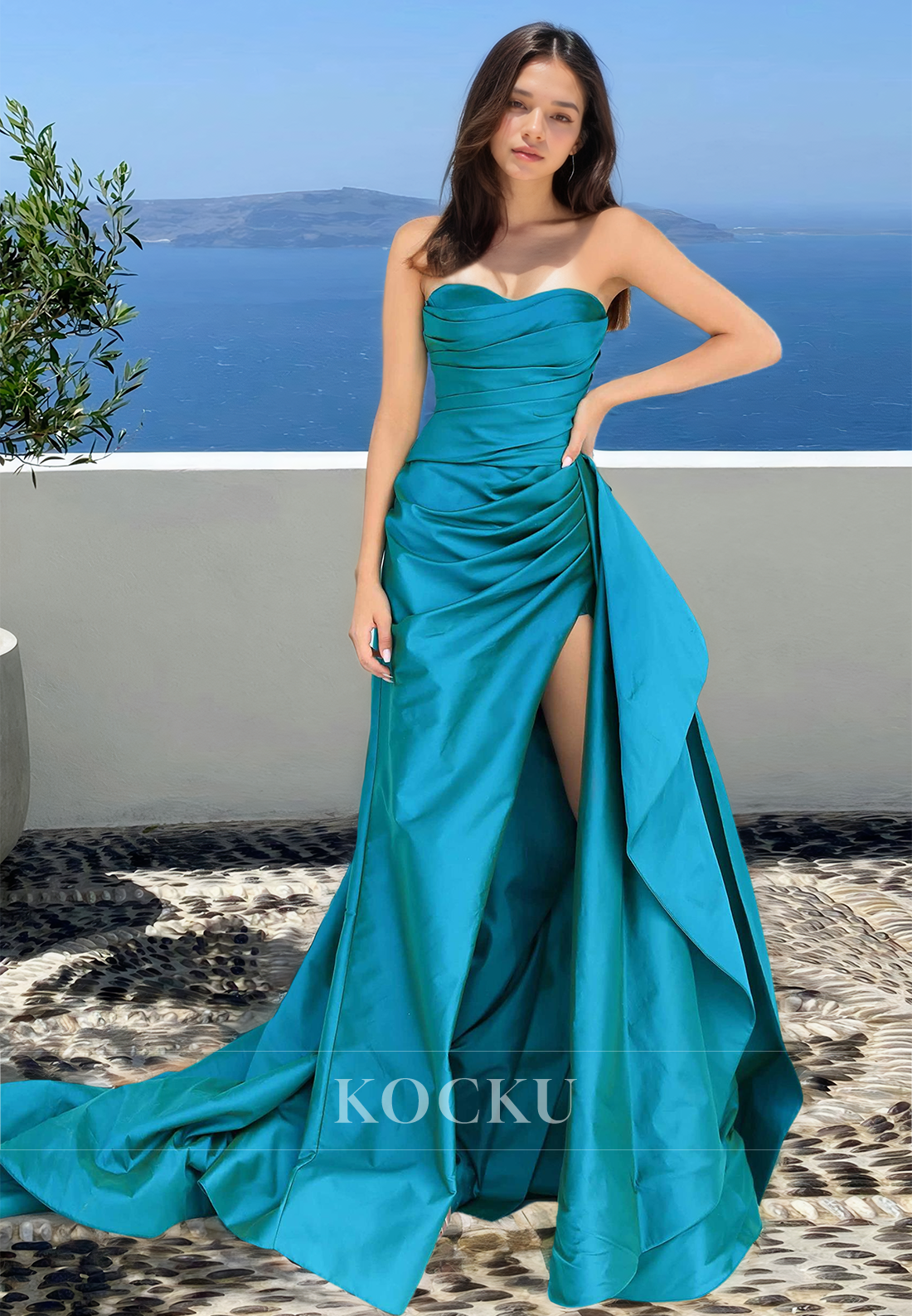 Elegant Tube Top Sheath Sleeveless Side Slit Pleated Satin Formal Occasion with Train