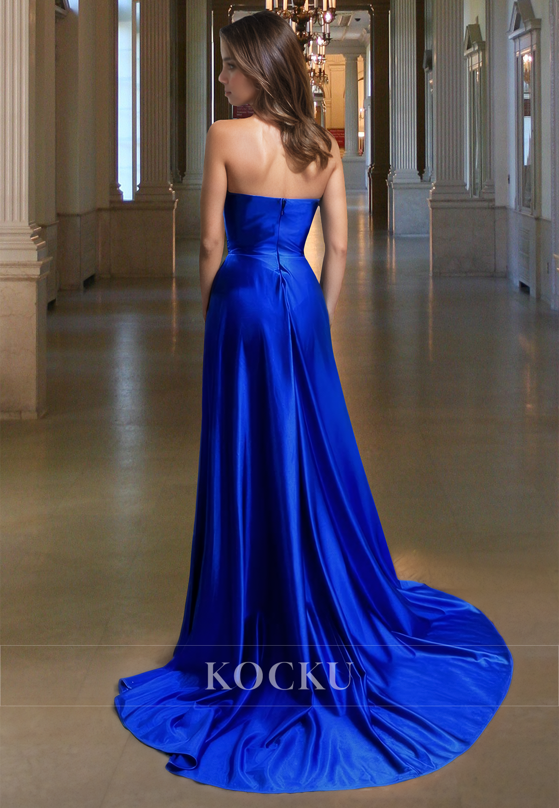 Elegant Sweetheart Sheath Sleeveless Side Slit Pleats Satin Formal Party Dress with Train