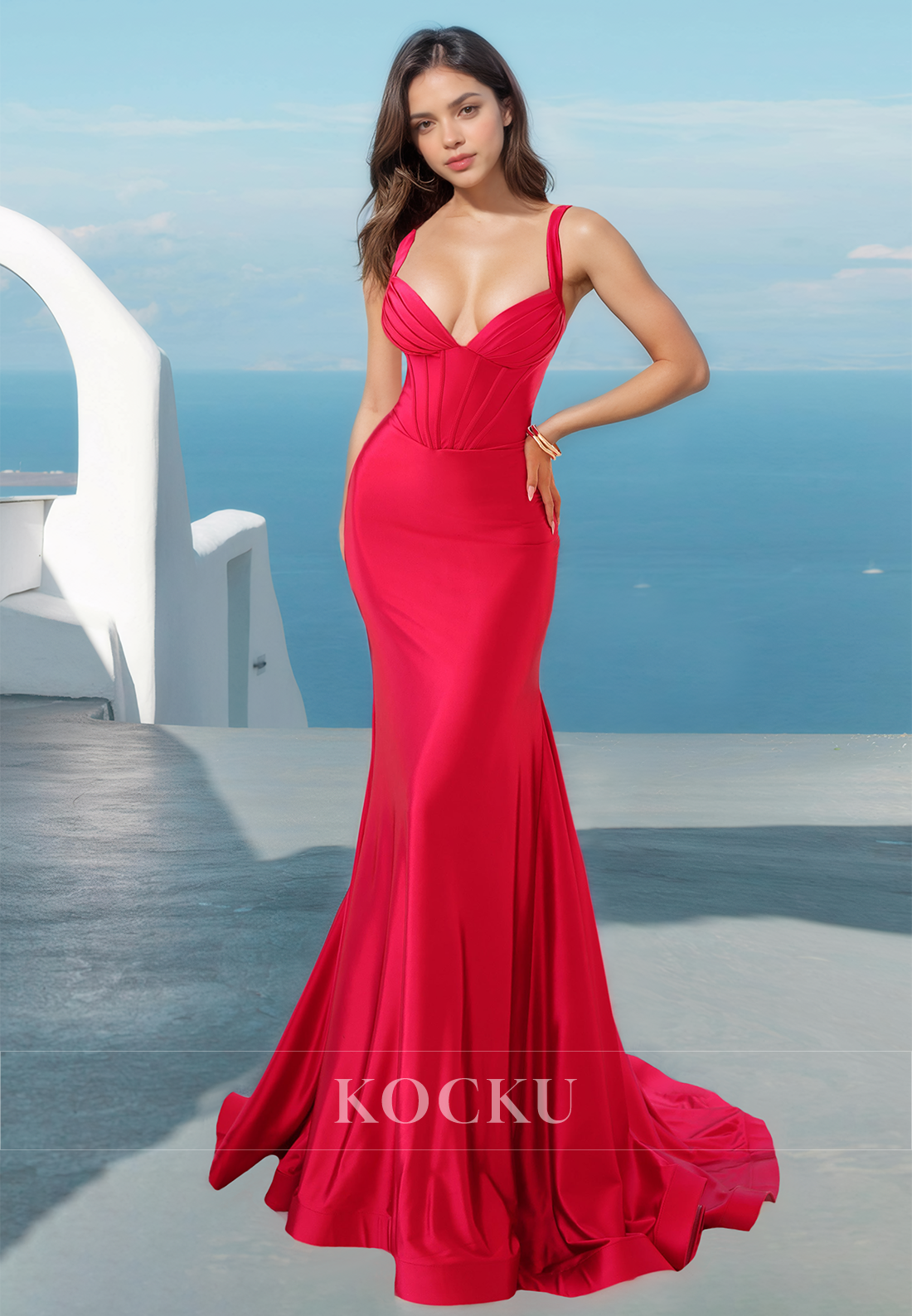 Simple Sweetheart Straps Mermaid Stripe Pleats Satin Prom Dress with Train Formal Gown