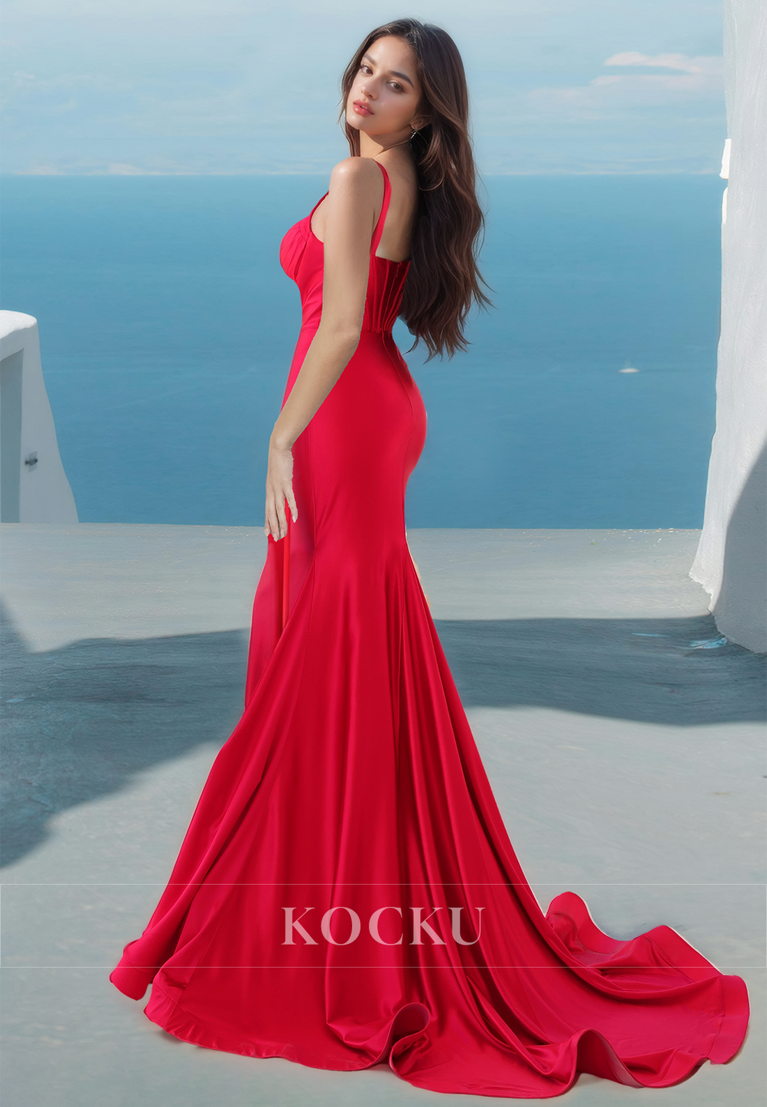 Simple Sweetheart Straps Mermaid Stripe Pleats Satin Prom Dress with Train Formal Gown