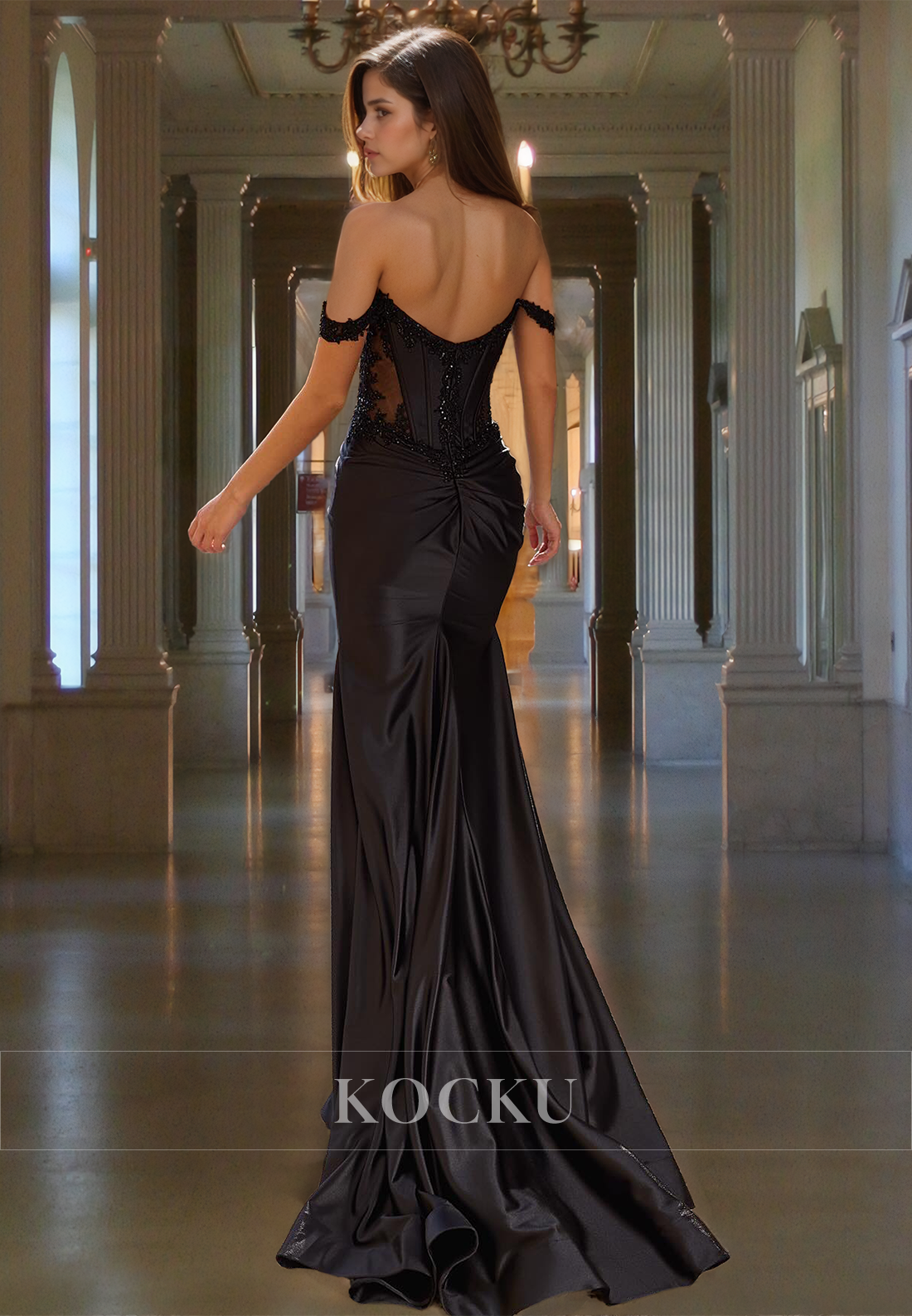 Off-Shoulder Sheath Sleeveless Appliques Satin Long Prom Dress Evening Dress with Train