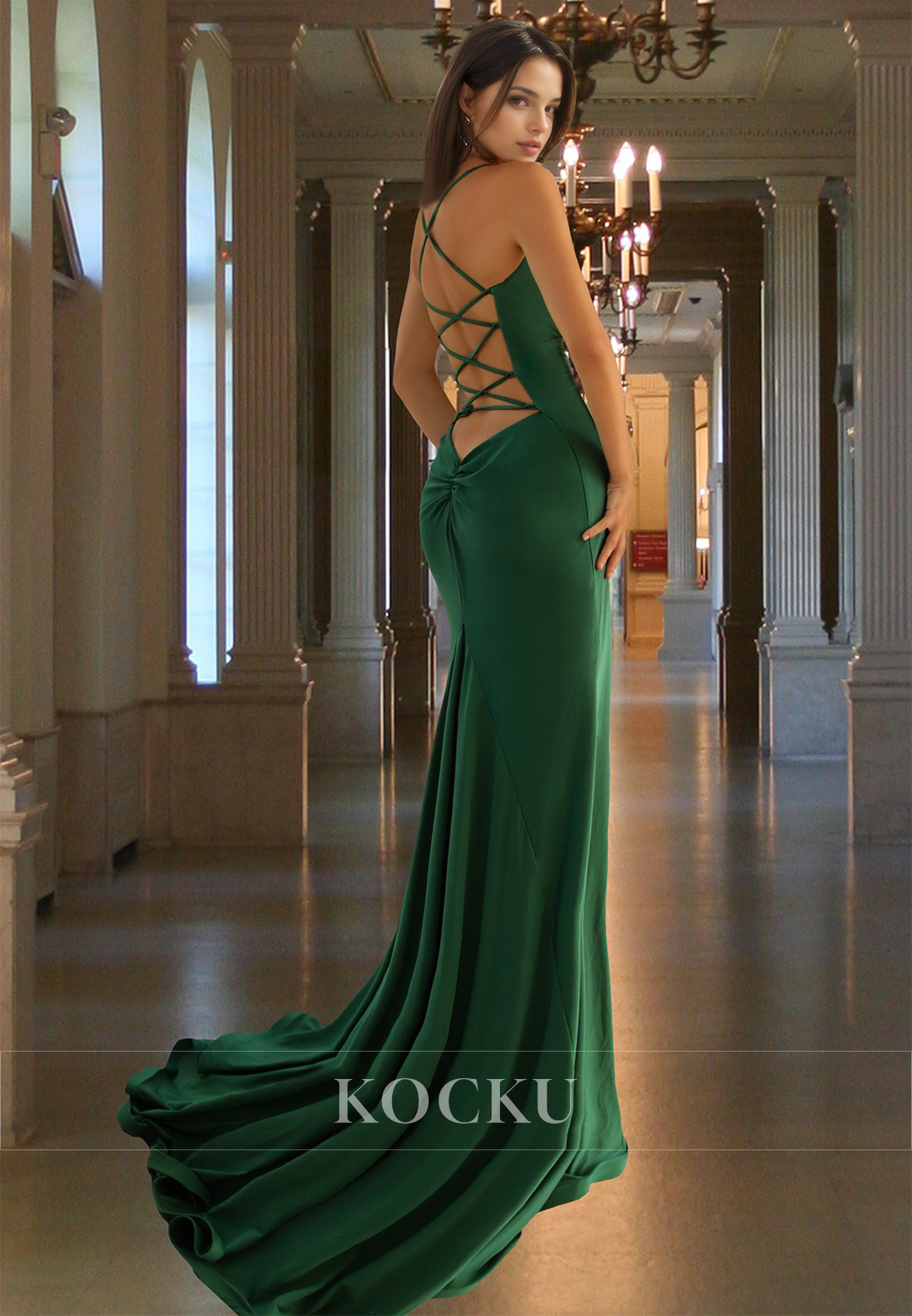 Spaghetti Straps V-Neck Sheath Train Long Prom Dress with Slit Formal Gowns