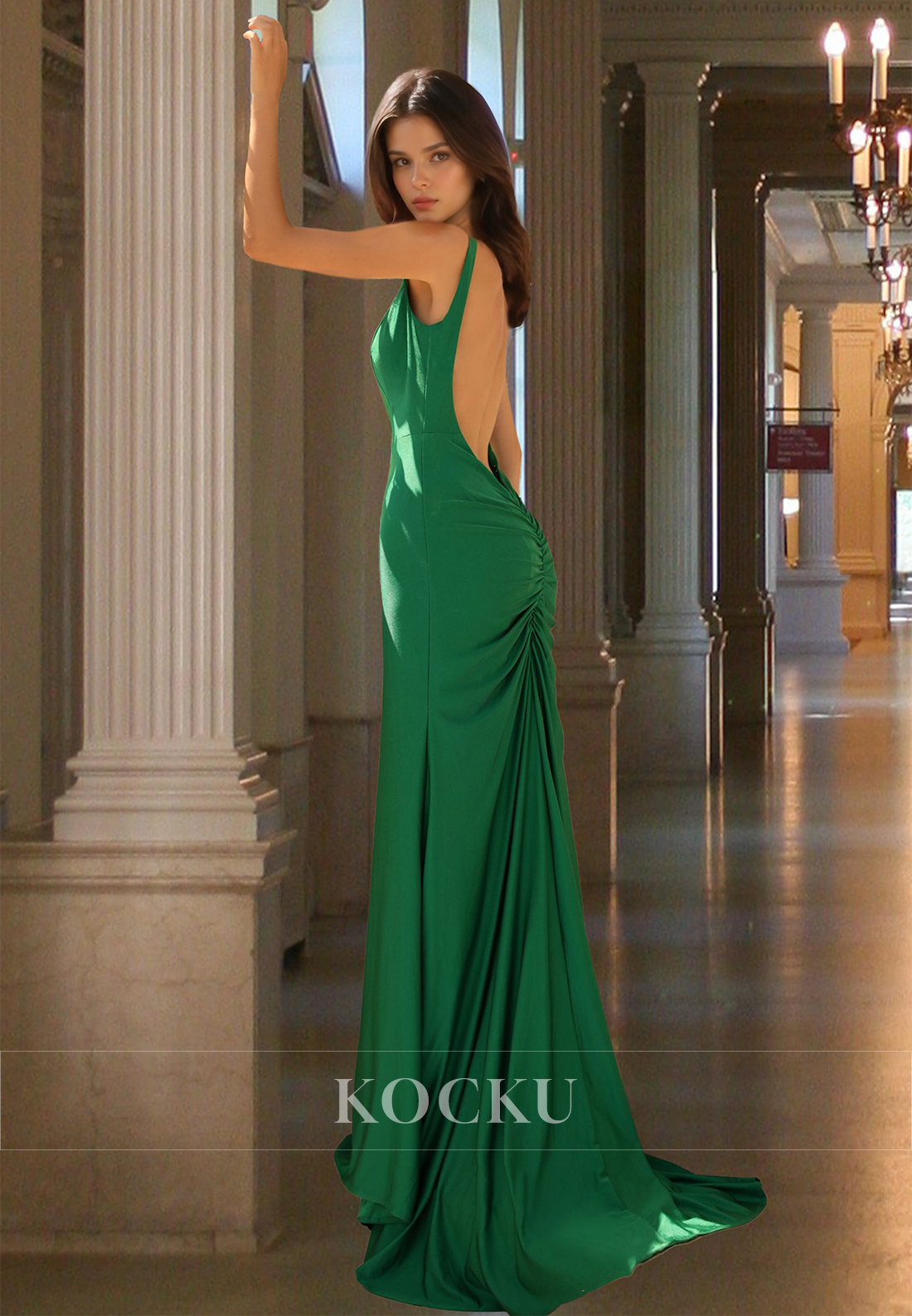 Beaded V-Neck Straps Sleeveless Sheath Long Satin Party Prom Dress with High Slit