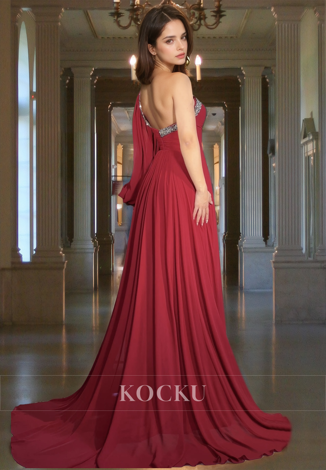 Asymmetrical One Shoulder A-Line Side Slit Pleats Chiffon Prom Dress Party Gown with Beads