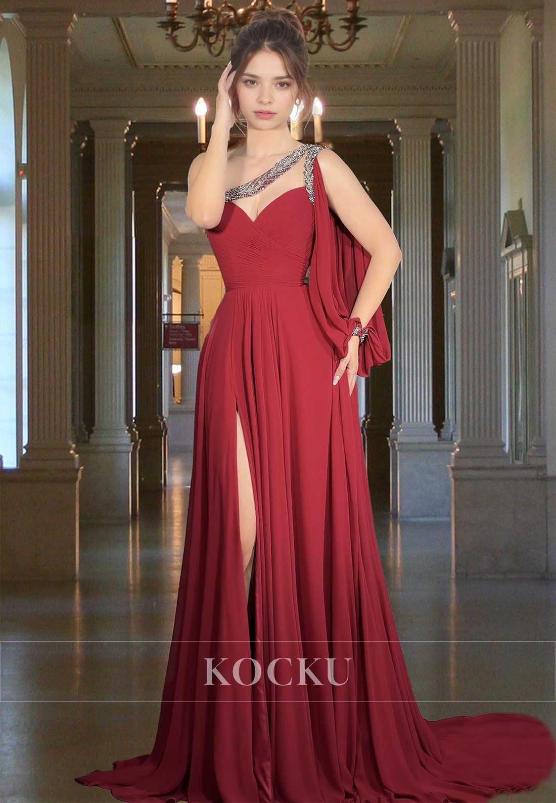 Asymmetrical One Shoulder A-Line Side Slit Pleats Chiffon Prom Dress Party Gown with Beads