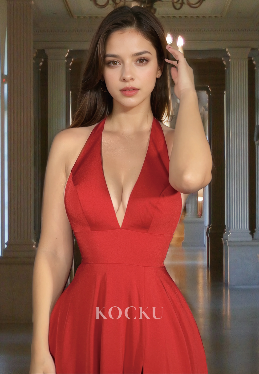 Halter V-Neck A-Line Sleeveless Satin Pleated Long Prom Dress Formal Gowns with Slit