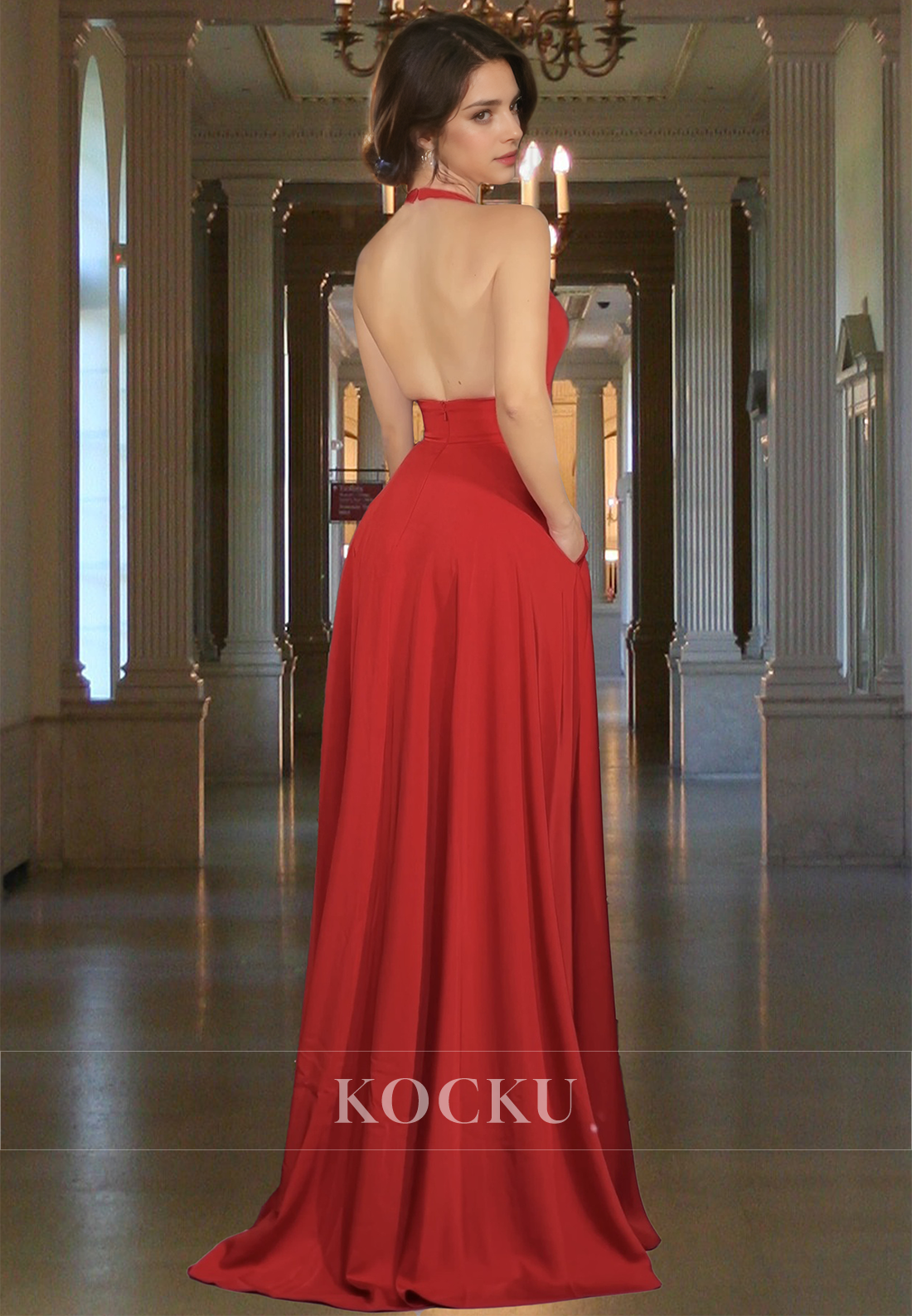 Halter V-Neck A-Line Sleeveless Satin Pleated Long Prom Dress Formal Gowns with Slit