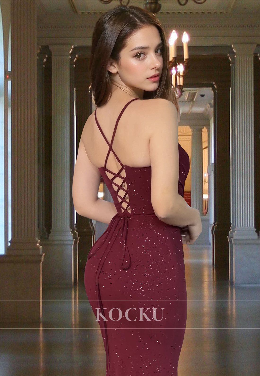 Spaghetti Straps Sweetheart Sheath Beaded Glitter Knit Pleats Prom Party Dress with Slit