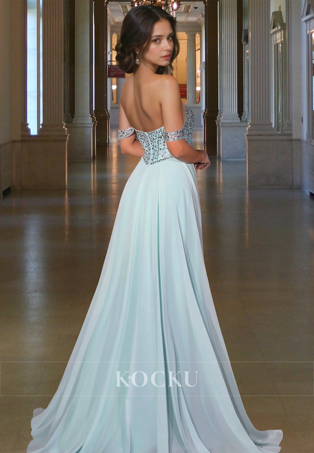 Off-Shoulder A-Line Formal Dress Sleeveless High Slit Chiffon Pleats Party Dress with Beads