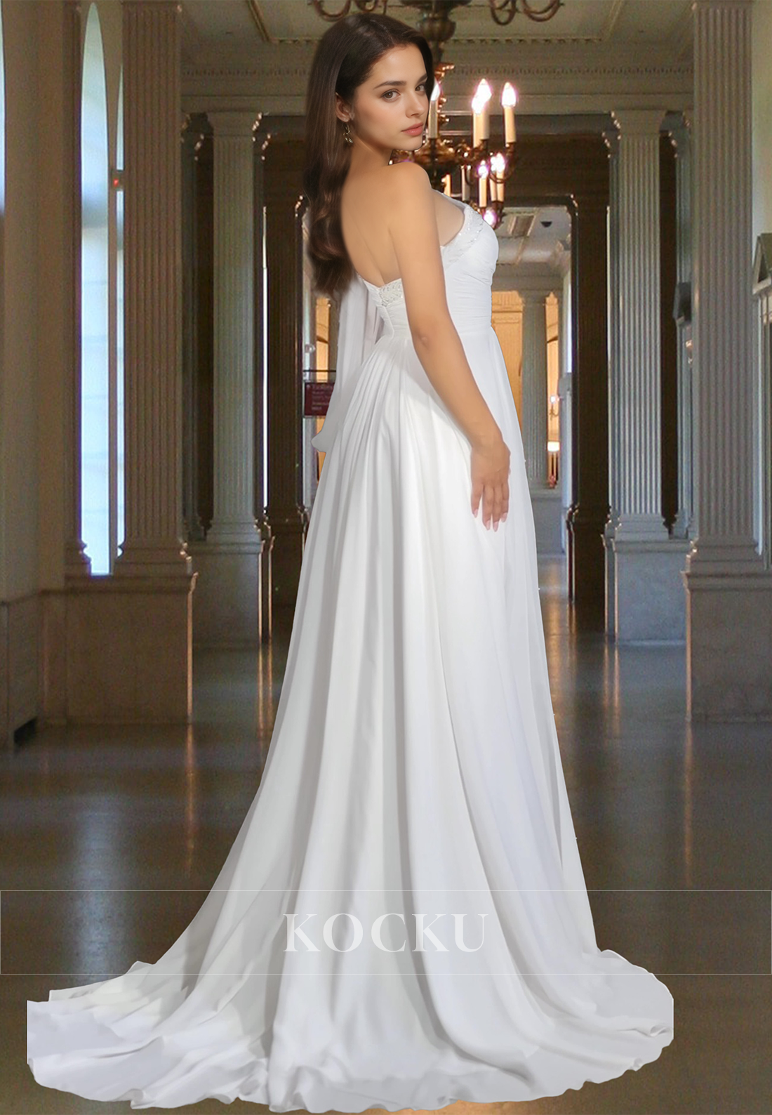 Asymmetrical One Shoulder A-Line Side Slit Pleats Chiffon Prom Dress Party Gown with Beads