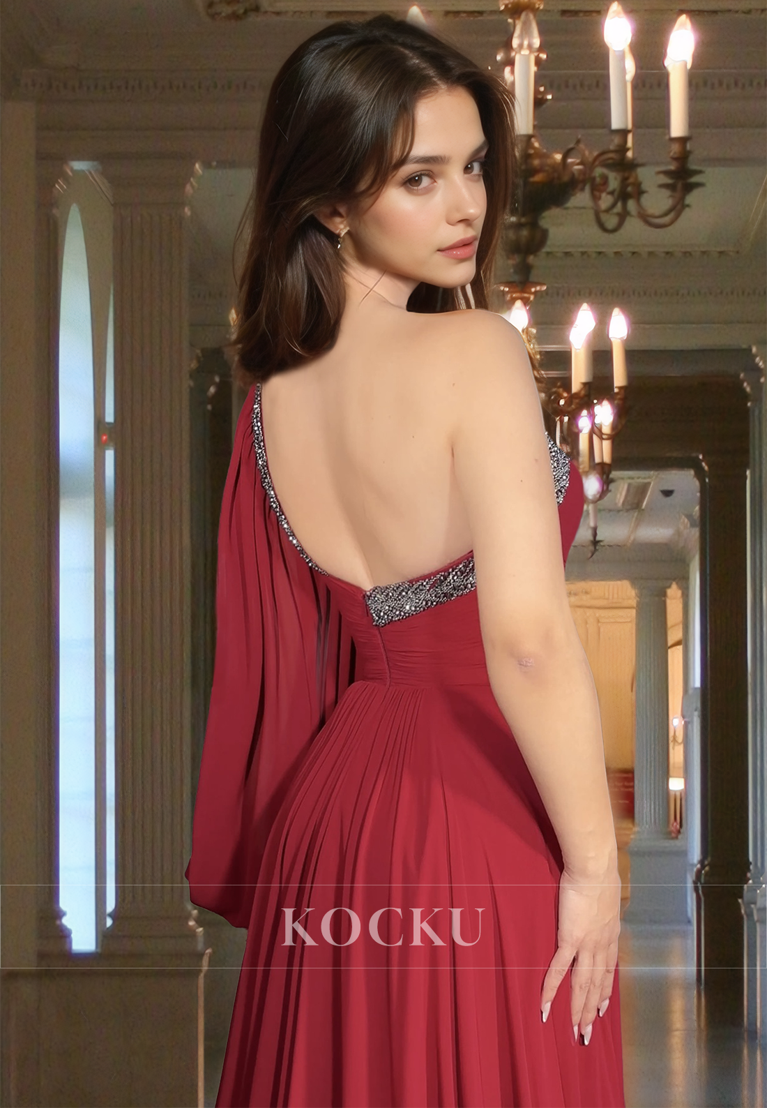 Asymmetrical One Shoulder A-Line Side Slit Pleats Chiffon Prom Dress Party Gown with Beads