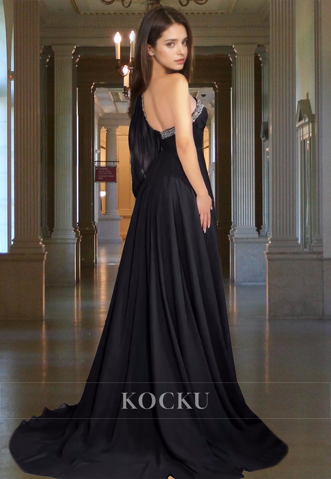 Asymmetrical One Shoulder A-Line Side Slit Pleats Chiffon Prom Dress Party Gown with Beads