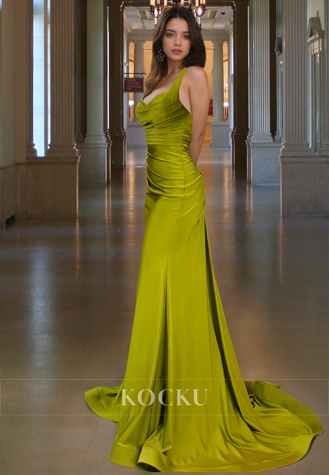 Elegant Sweetheart Straps Mermaid Side Slit Ruched Satin Formal Gowns with Train