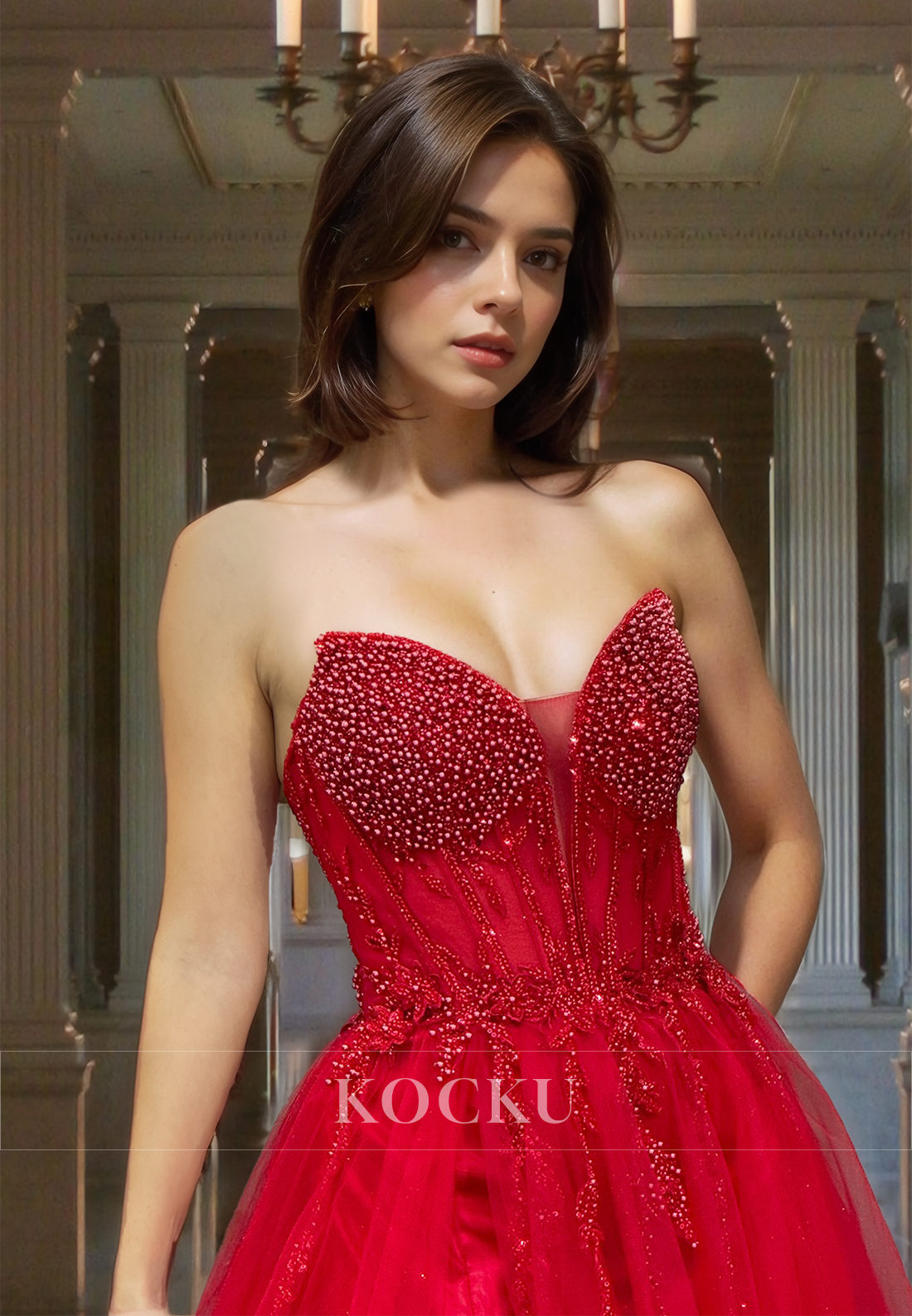 Beaded A-Line Party Gowns Sweetheart Sleeveless Lace Formal Dress with Slit